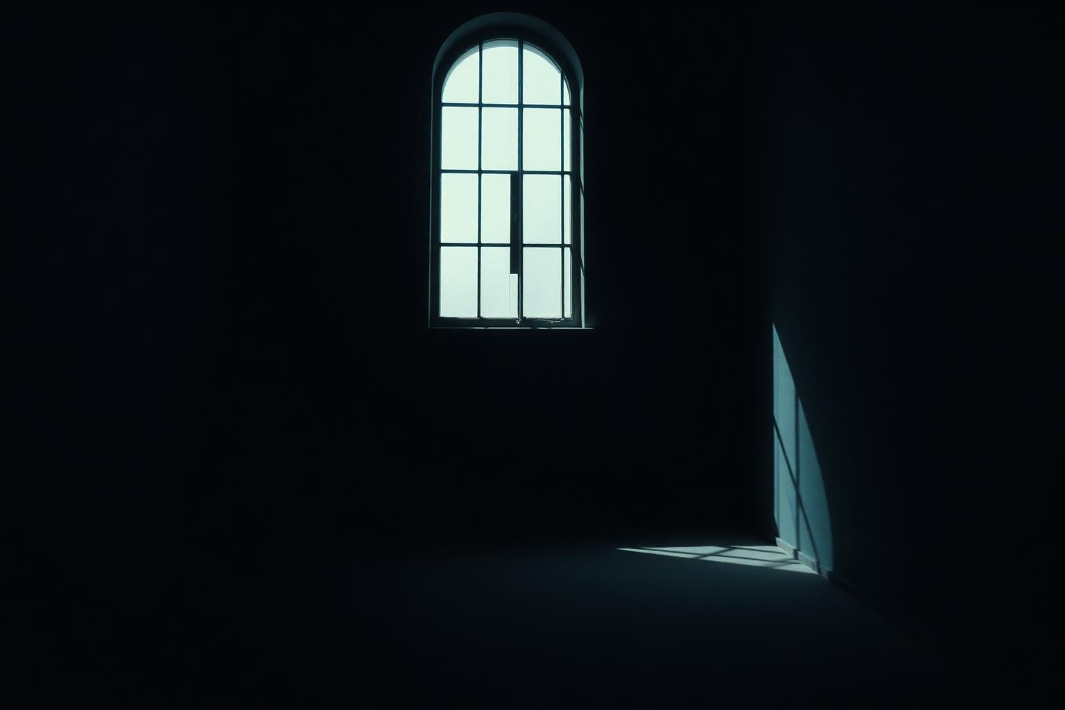 A dark, quiet room with soft daylight entering through an obstructed window, casting long shadows