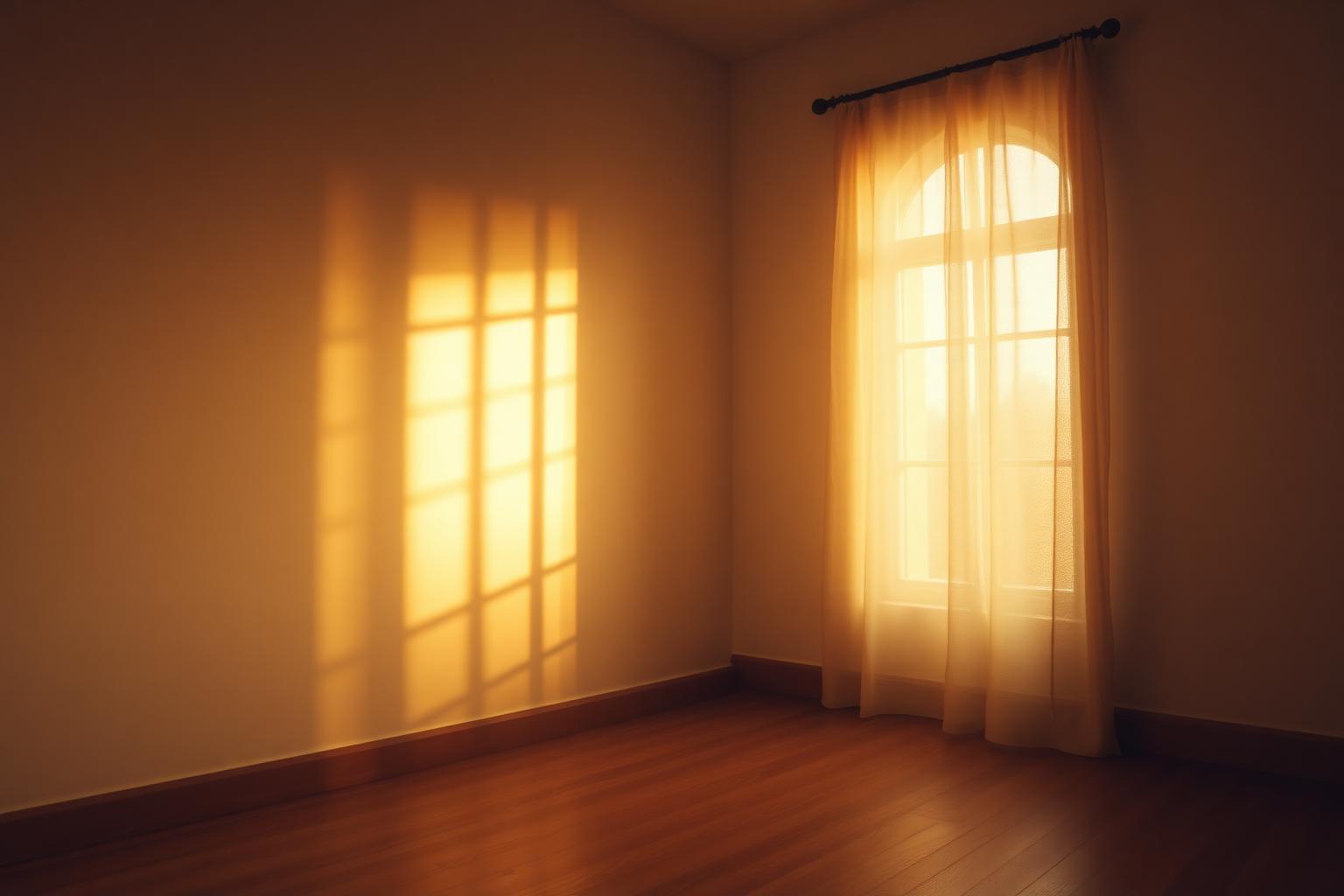 Warm golden morning light streaming through a window into a quiet room